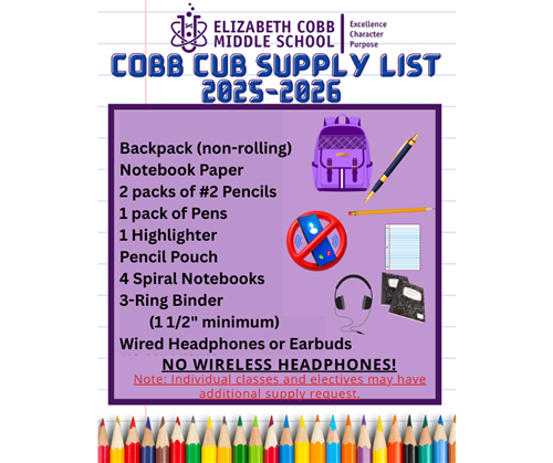 Cobb Cub Supply List 2025-2026